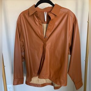 Anthropologie Faux Leather Blouse in Tan